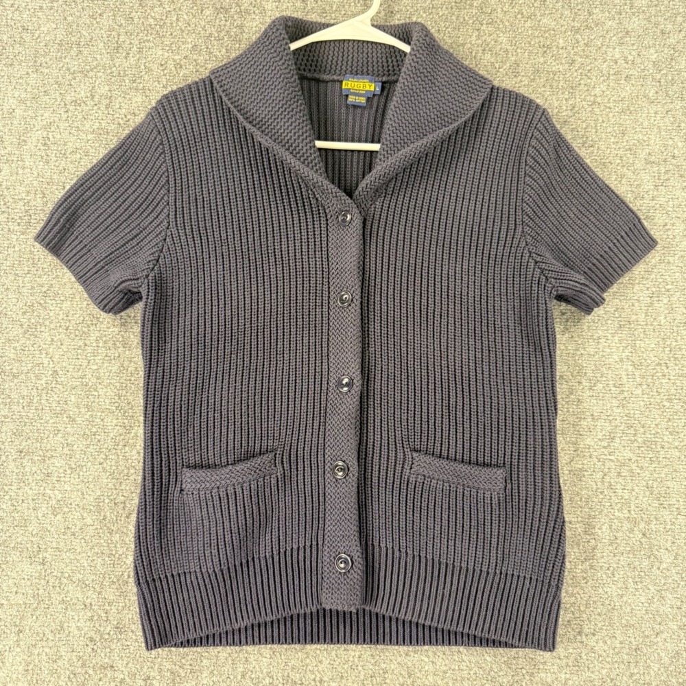 Ralph Lauren Rugby Short Sleeve Cardigan Sweater Womens Large Blue Ribbed Cotton